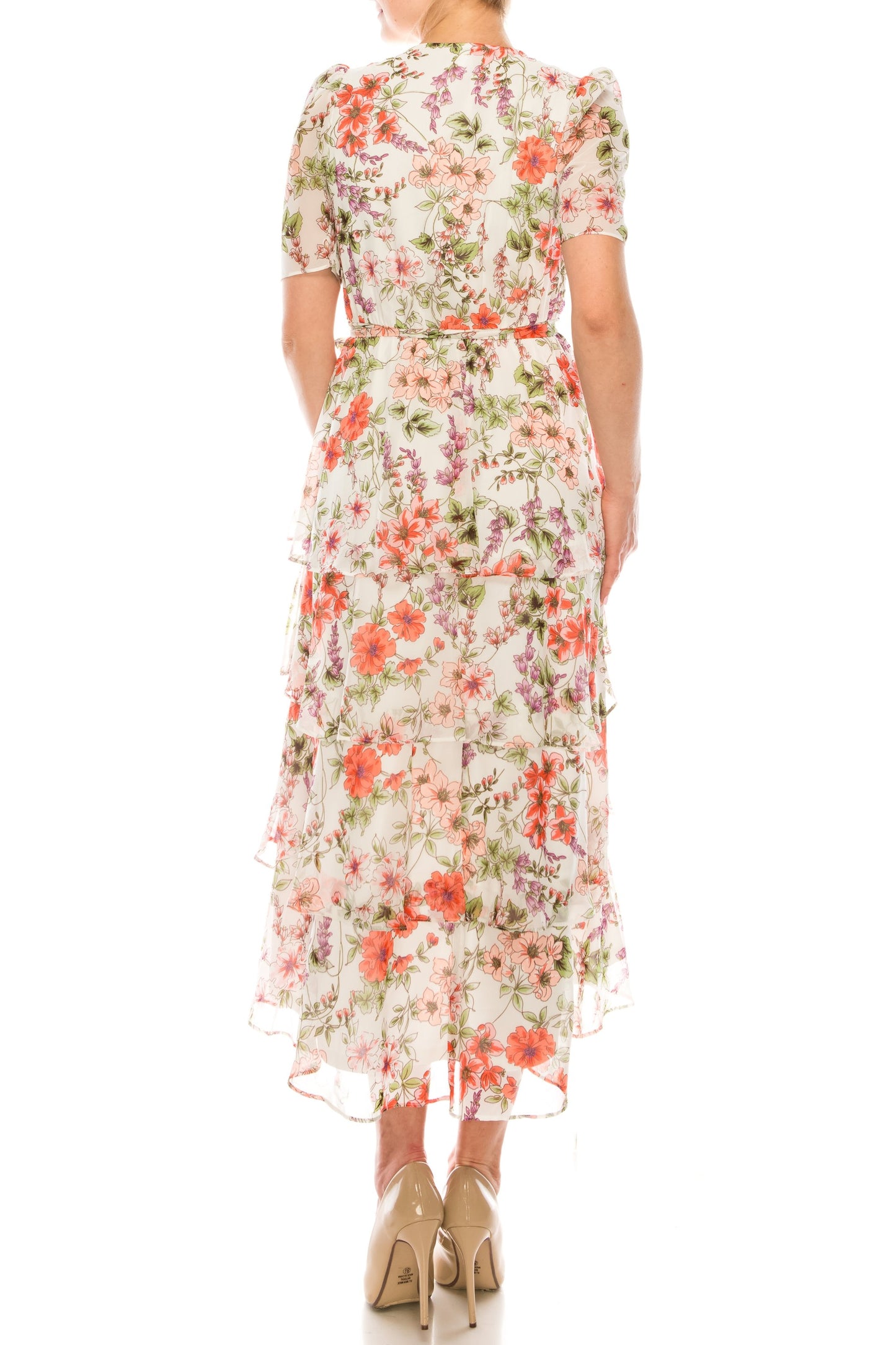 London Times White Coral Tiered Floral Print Dress